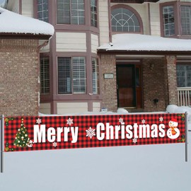 Suithink Large Merry Christmas Banner, Christmas Tree Door Porch Sign, Red and Green, 296x48cm