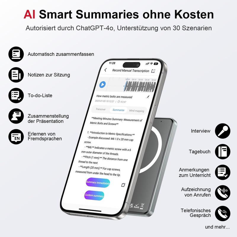 KI Diktiergerät, Aufnahmegerät, App Kontrolle, Transkribieren und Zusammenfassen Keine Gebühr,
