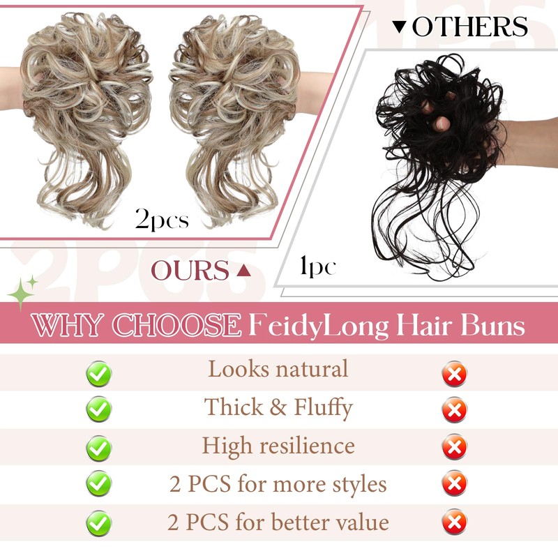 FeidyLong 2PCS Messy Bun Hair Piece Tousled Updo with Tendrils