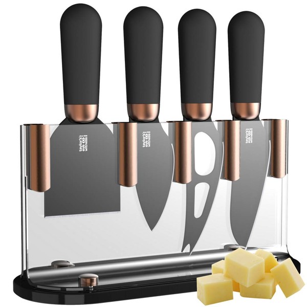 Taylors Eye Witness Cheese Knives - Brooklyn Copper 4 Piece Cheese Knife Set with Hard Ceramic Coated, Super Sharp Antibacterial Blades & Soft Grip Handles for Comfort & Control. 2 Year Guarantee.