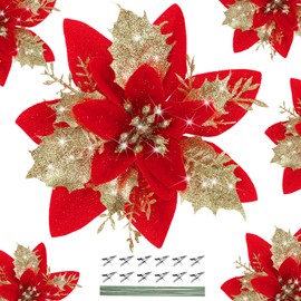 Glitter Christmas Poinsettia Artificial Xmas Flower Ornaments Flowers Decorations with Clips and Stems Glitter Poinsettia Christmas Tree Ornaments for Christmas Wedding (Red,36 Pieces)