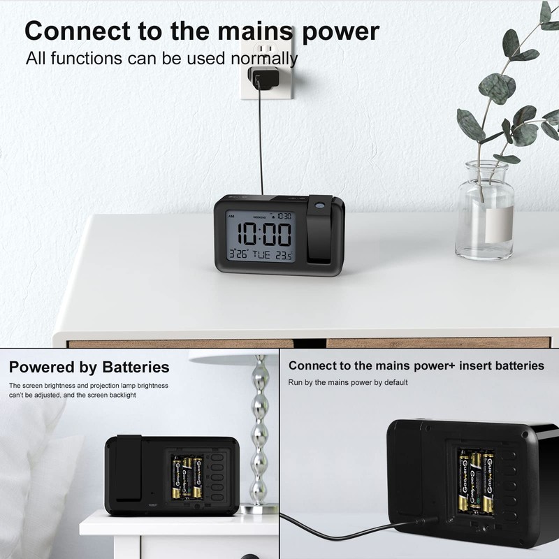 CHEREEKI Projection Alarm Clock, Digital Projector Clock Mains Powered Bedside