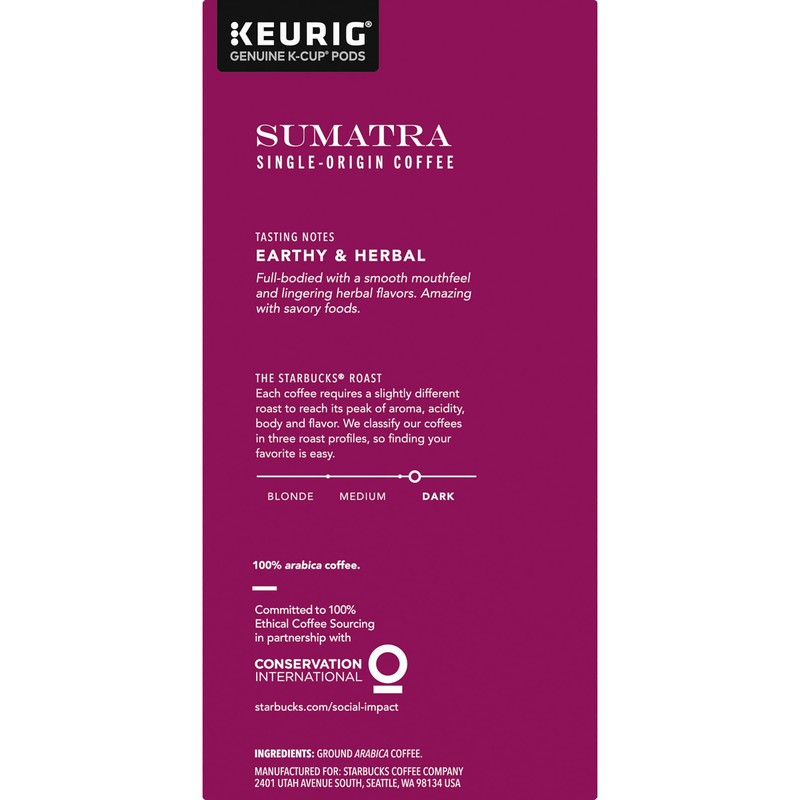 Starbucks Coffee K-Cup Pods, Sumatra Single-Origin Coffee, Dark Roast Ground