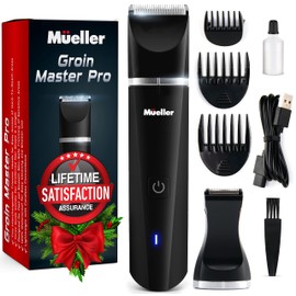 Mueller Groinscaper Pro - Cortapelos 5.0, cabezales de hoja de cerámica reemplazables, cortapelos impermeables para mojado/seco, recargable, carga inalámbrica, máxima maquinilla de afeitar de higiene masculina