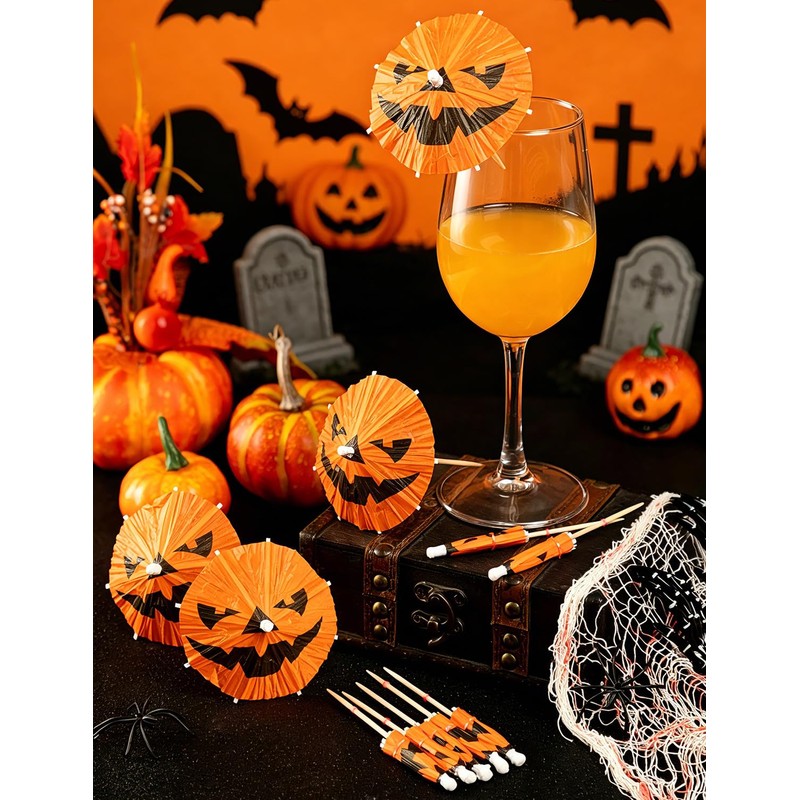 120Pack Halloween Pumpkin Drink Cocktail Umbrellas Picks