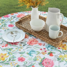 Benson Mills Spillproof Spring/Summer Heavyweight Fabric Outdoor Tablecloth with Umbrella Hole, Zippered Table Cloth for Round Tables, Picnic/Patio Table (70" Round with Umbrella Hole, Jillian)