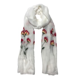 Humble Hilo Embroidered Scarves Versatile Lightweight Colorful Floral Scarf/Shawl (White with Tulips)