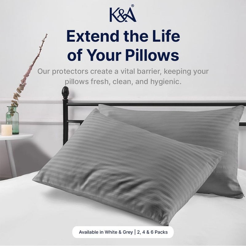 K&A® Satin Stripe Pillow Protectors Pack of 2 Zippered Grey