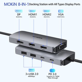 USB C Docking Station Dual HDMI, MOKiN Docking Station 3 Monitors, Displayport, VGA, 100W PD Charging, 2USB A 2.0, USB C 2.0 Ports Multiport Adapter, 8 in 1 USB C Hub for Dell, HP, Lenovo Thinkpad