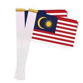25 Packs Small Malaysia Flags on Handheld Stick，Miniature Malay Flag for Outside,4x6 Inch Mini Hand Held Banner with Golden Topper,Patriotic Decorations