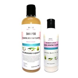 Kit Shampoo 480ml + Mascarilla capilar 250gr (Leave on), Colágeno, Elastina y keratina reparador capilar, reparador puntas con Argán, Macadamia, Aguacate, Coco y Jojoba. Brillo y sedosidad