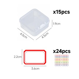DHSBGWSX Pack of 15 Transparent Boxes, 48 Pieces Empty Labels, Square Box, Jewellery Storage Box, Small Box with Lid, Transparent Display Box, Mini Storage Box