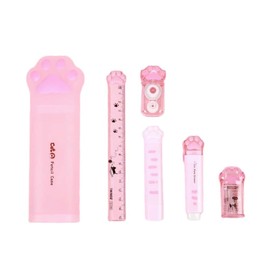 MROOFUL Cute Cat Paw Pink Pencil Case with Eraser Sharpener Correction Tape for Girls Stationary Secondary School Large Capacity