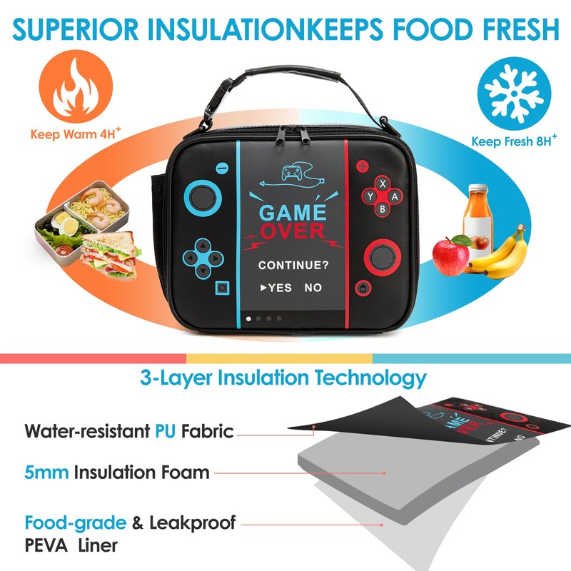 Gamer Lunch Box for Boys Kids, Large Capacity Insulated Lunch