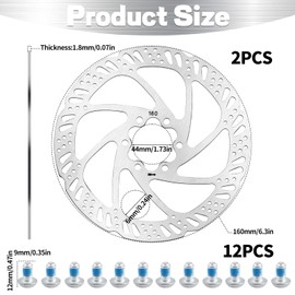 GTNCE Set of 2 Bicycle Brake Discs 160 mm, Stainless Steel Disc Brake Bicycle, 6-Hole Brake Discs Set with 12 Screws, Suitable for Road Bike, Mountain Bike, BMX and MTB