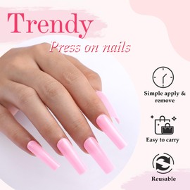 AddFavor 240pcs Square Press on Nails Long Pink Fake Nails Press ons Glossy Acrylic False Nails with Adhesive Glue Tabs for Women Girls