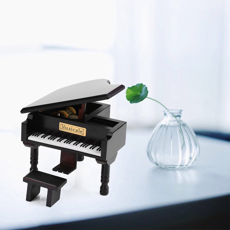 Grand Piano Shaped Windup Wooded Music Box with Small Stool
