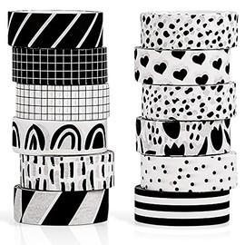 12 Rolls Washi Tape Set Black White Paper Thin 15 mm Wide 7 Meters Long Decorative Craft Adhesive Masking Tape Washi Tape Black White Strip for DIY Wrapping Decoration (Stylish Style)