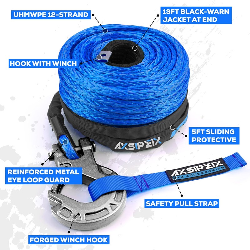 Synthetic Winch Rope Kit, 3/8" x 92ft 26500LBS Blue Winch