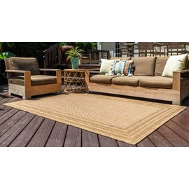 Unique Loom Outdoor Border Collection Area Rug - Multi Border (4' 1" x 6' 1" Rectangle, Tan/ Light Brown)