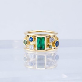 Mnyixsi Gold Emerald Rings Gold Rings for Women Dainty Green Rings Cut Emerald Gemstones CZ Gold Rings 14K Gold Plated Rings for Women Band Trendy Cubic Zirconia 14k Gold Filled Rings Size 7