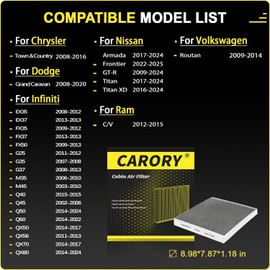 Cabin Air Filter w/Activated Carbon for Nissan, INFINITI, Chrysler, Dodge, VW Select Models - Armada, Frontier, GT-R, Titan, Titan XD, Town & Country, Grand Caravan, Q50, QX80, QX60, Routan, and More