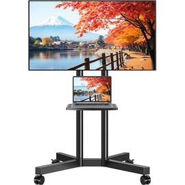 Rfiver Rolling TV Stand with Laptop Shelf, Mobile TV Stand with Upgraded Wheels for 32-70 Inch TVs, Height Adjustable Mobile TV Cart up to 88lbs, Portable TV Mount Stand for Outdoor, Home, Office