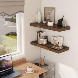 Fun Memories 30 Inch Floating Shelf, 12 Inch Deep Shelves for Bathroom, Rustic Wood Wall Shelves for Wall Decor & Storage, Wall Mounted Wood Shelf, Rustic Brown, Set of 2