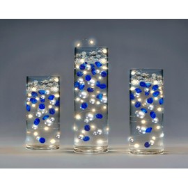 100 Floating Royal Blue/Navy Sparkling Gems & Glitter Silver Pearls-Fills 2 Gallons of the Transparent Gels for the Floating Effect- With Pre-Measured Prep Bags- 6 Warm White Submersible Fairy Lights