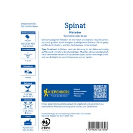 Kiepenkerl Matador 1006130 Spinach Seeds - Robust Vegetable Seeds for Spring & Autumn Growing, Fast Growth, Large Leaf Spinach Seeds for Gardens