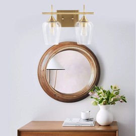 VONLUCE 2-Light Gold Vanity Light Fixtures Over Mirror, Wall Mount Modern Brass Bathroom Sconce with Clear Glass, Midcentury Gold Vanity Lighting for Bathroom, Makeup Dressing Table, Bedroom