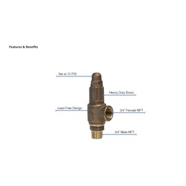 Merrill MFG PRVHDNL75 No Lead Heavy Duty Brass Pressure Relief Valve 75 PSI, Contractor Grade, 3/4"