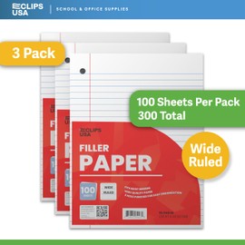 Notebook Paper, Loose Leaf Paper, Wide Ruled Paper, 10.5” x 8”, Filler Paper, 100 Sheets Per Pack, 60 gsm (3 Pack)