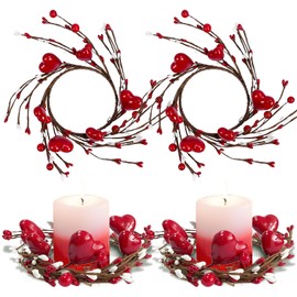 2 Pcs Valentine Candle Rings Wreaths Mini Wreath Red Heart Candle Holder Rings for Wedding Windows Table Centerpieces