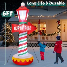FunFanso 6FT Inflatable North Pole Street Lamp Christmas Decoration, Blow Up Outdoor Holiday Yard Decor, Santa Claus Arctic Road Sign, Built-in LED Lights for Holiday Display Lawn Garden Yard Decor