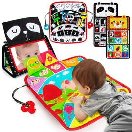 Yohome Tummy Time Mirror, Baby Mirror Toys with Sensory Pillow, 3D Activity Play Crawling Mat, Crinkle Cloth Book Teether High Contrast Baby Toys for Babies, Fine Motor Skill Development Travel Toys