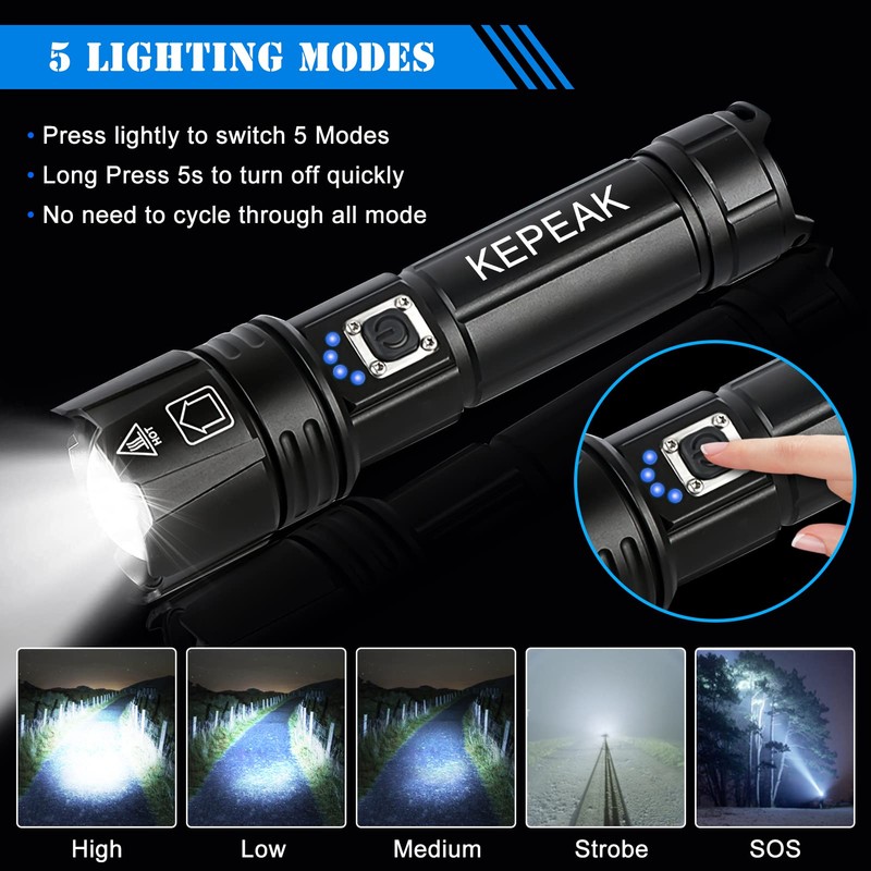 KEPEAK Flash Light, 5 Modes Rechargeable Flashlights, Super Bright LED