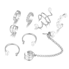 Jumcew Ear Cuff Earrings for Women Men Non Piercing Ear Clip Fake Earrings Cartilage Pearl Cubic Zirconia Ear Cuffs(Silver)