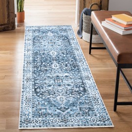 Bloom Rugs Caria Washable Non-Slip 10 ft Runner - Navy Blue Traditional Runner for Entryway, Hallway, Bathroom, and Kitchen - Exact Size: 2'6" x 10'