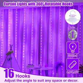SINAMER Purple Curtain Light with Untangled Wires for Bedroom, 300LED 9.8ft x 9.8ft Window Fairy Curtain String Light with 16 Hooks, 8 Modes Remote Control for Wedding Party Home Indoor Decorations