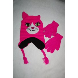 Unbranded Girls KITTY CAT FACE WINTER HAT Ear Flaps GREEN EYES Glitter Nose PINK GLOVES