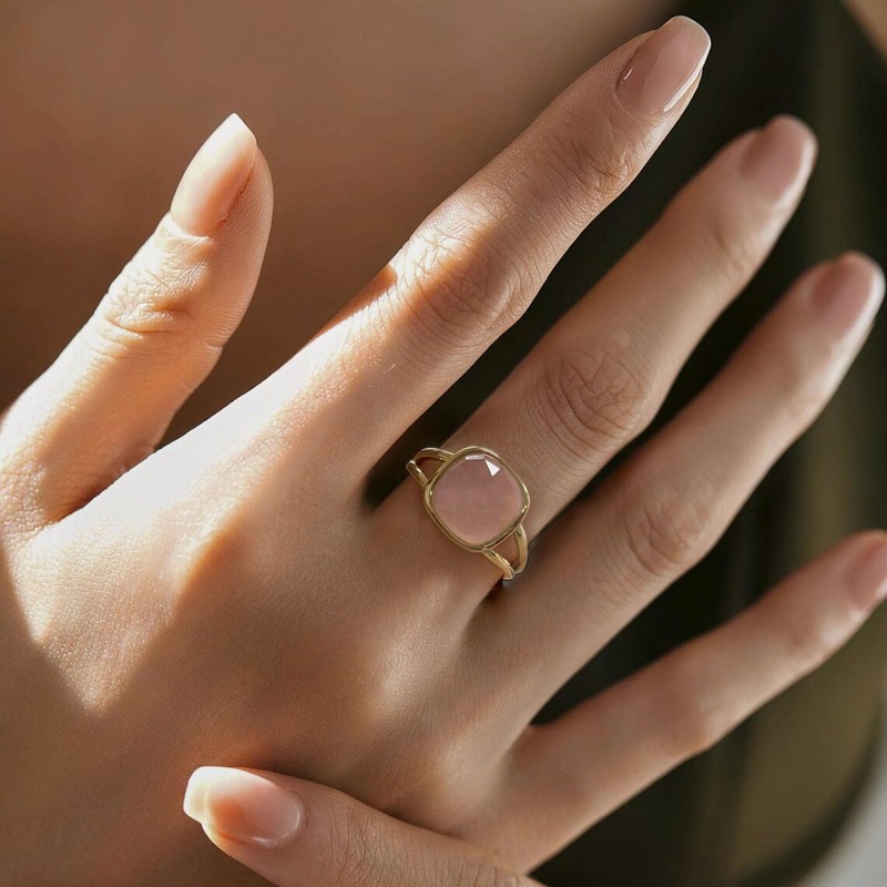 Rose Quartz Ring, Natural Square Faceted Pink Crystal Rings for