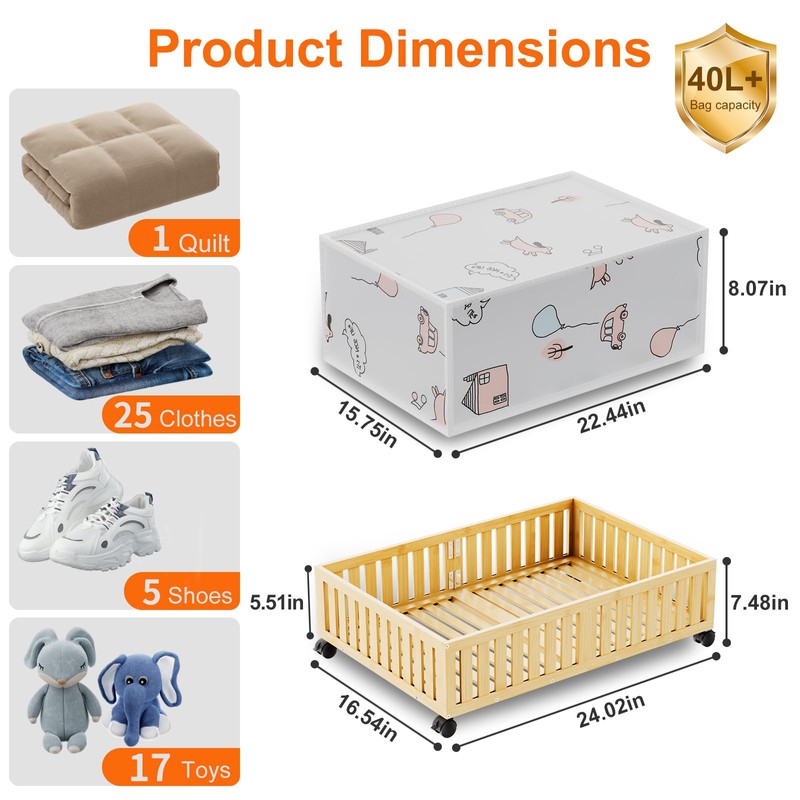 Landmok Bamboo Under Bed Storage Containers with Wheels, 40L UnderBed