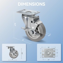 CWfutureparts 4 Inch Casters Set of 4 Heavy Duty Caster Wheels with Brake 1200Lbs Rigid Rubber Wheel Silent Castor Industrial Plate Casters Wheels for Cart Furniture Workbench（2 Brake & 2 Rigid）