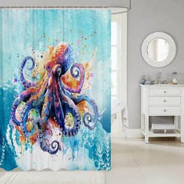 Feelyou Octopus Shower Curtain 72"x72" Ocean Kraken Bathroom Shower Curtain Set Tentacles Bath Curtain Waterproof Sea Creature Underwater World Bathroom Accessories Sea Animal Polyester