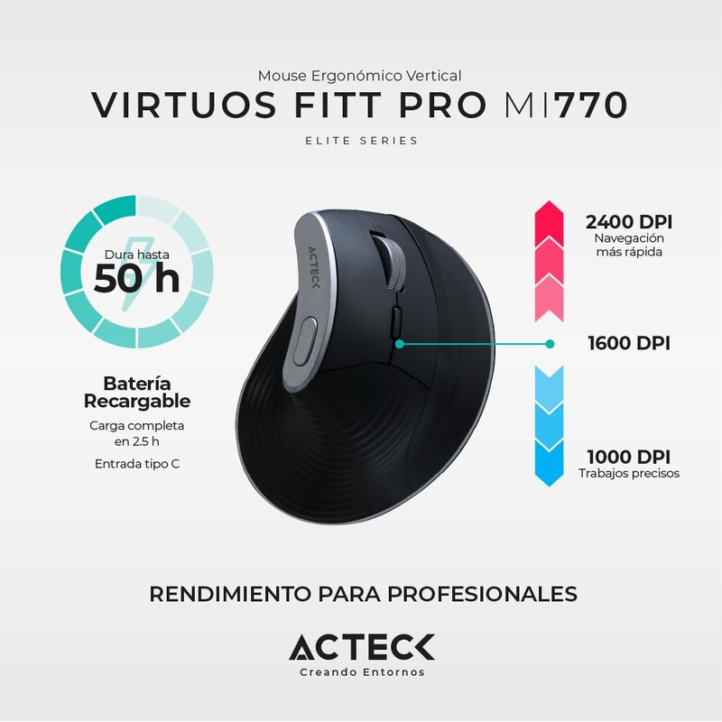 Acteck Mouse Ergonomico VIRTUOS Fitt Pro MI770 1600dpi Inalambrico 8