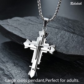 Men Stylish Holy Large Cross Pendant Necklace Baptism Christian Religion faith Jewelry for Men 24 Inch Stainless Steel Chain Silver