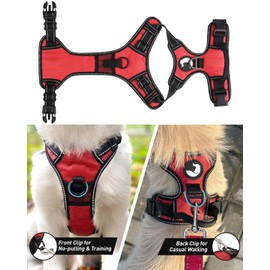 Joytale No Pull Dog Harness for Large Dogs, Reflective Pet Vest with 2 Leash Clips, Adjustable Soft Padded Harnesses with Easy Control Handle for Training and Walking, Red, L