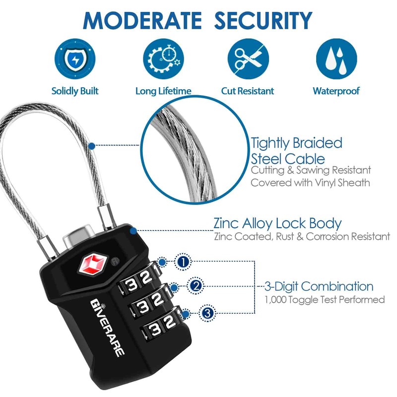 2 Pack TSA Approved Travel Luggage Locks, Cable Combination Lock