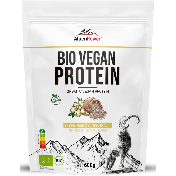 AlpenPower Organic Vegan Protein 2K Pea Rice Natural 600 g I 100% Natural & No Additives I Optimal Ratio Pea Rice Protein I Vegan Protein Powder for Fitness